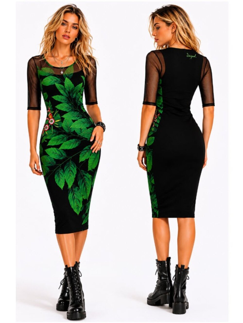 Desigual Black Green Leaf Print Midi Dress Sheer Sleeve Floral Detail S NWOT
